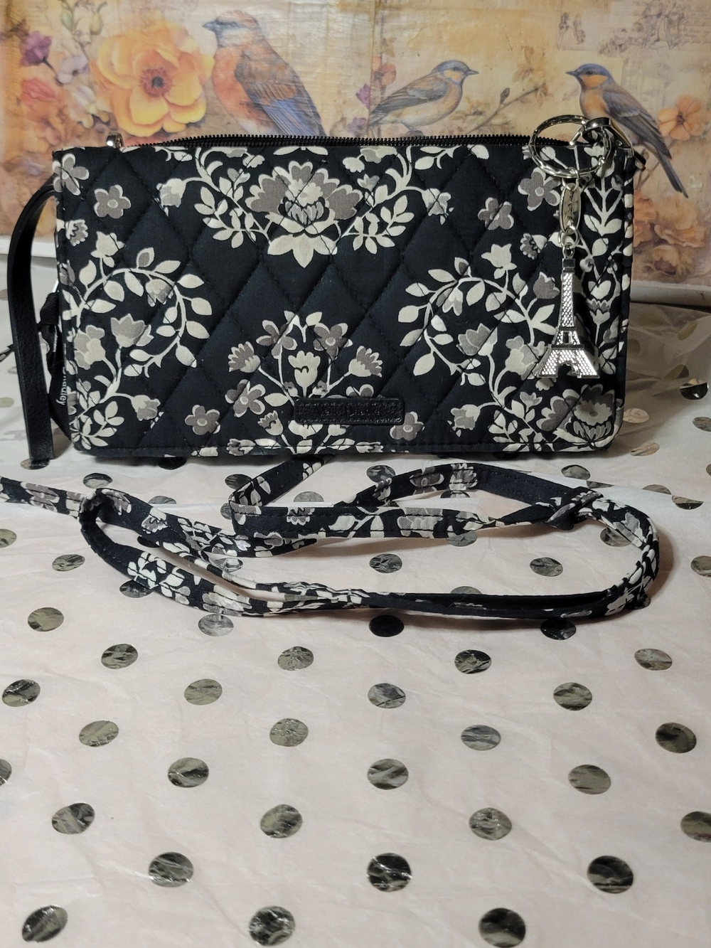 Vera Bradley Quilted Black Floral Crossbody Wristlet with Eiffel Tower Charm